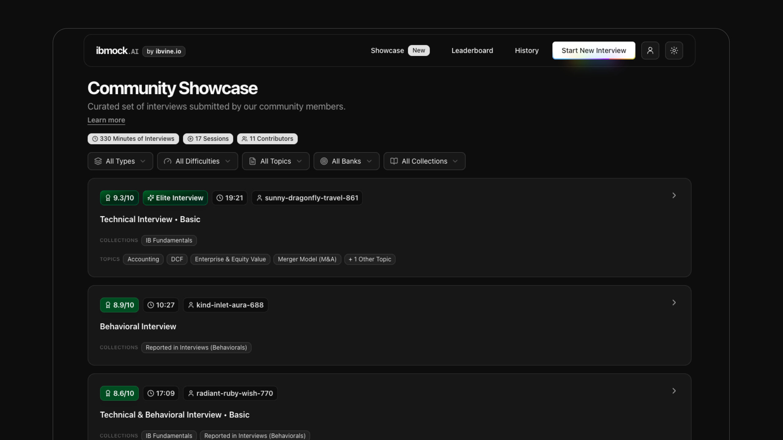 Community Showcase interface showing curated interview sessions