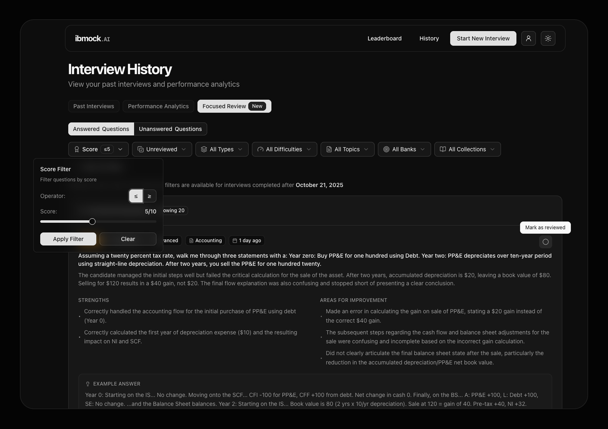 Focused Review interface showing detailed question analysis